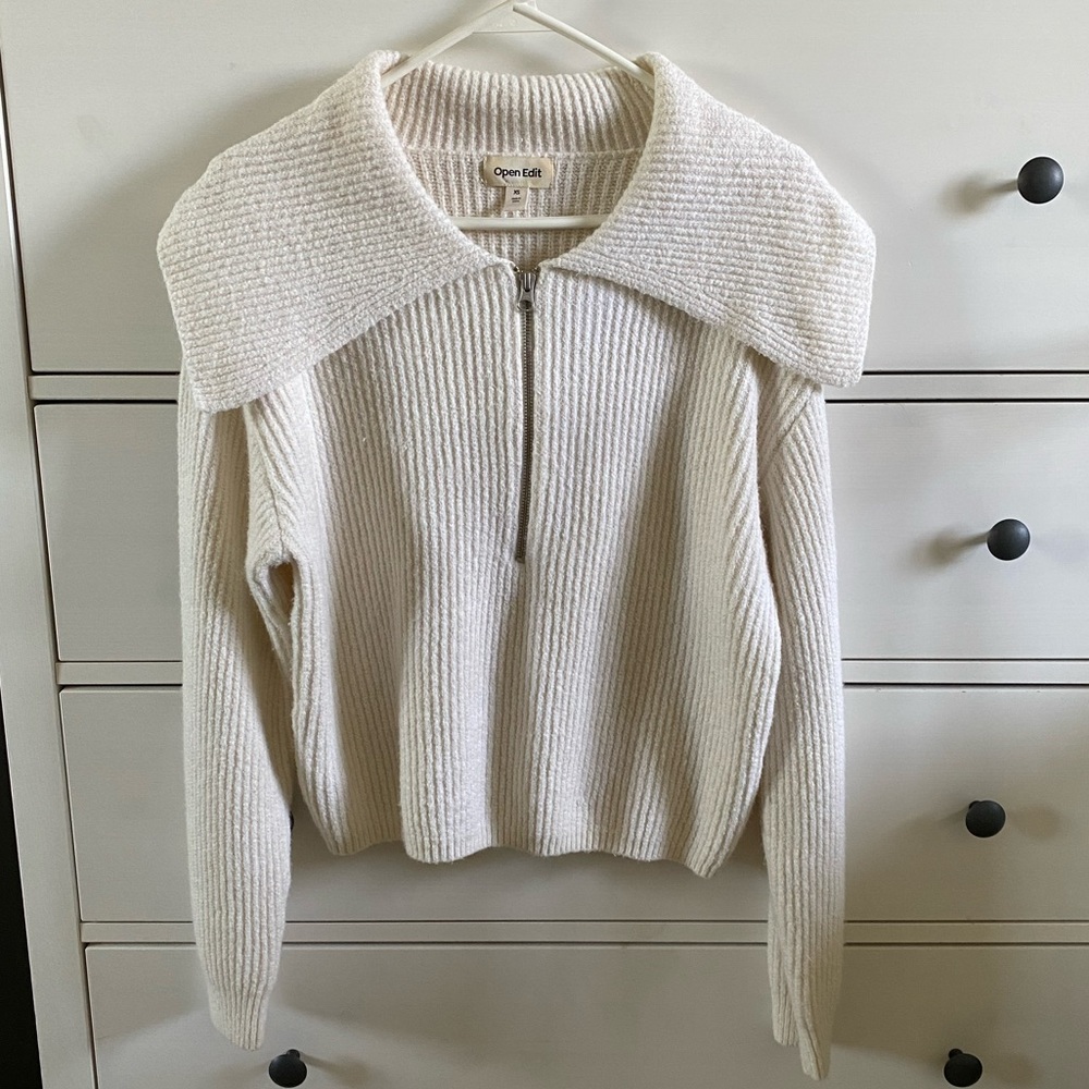 Open Edit Rib Half Zip Cream Sweater